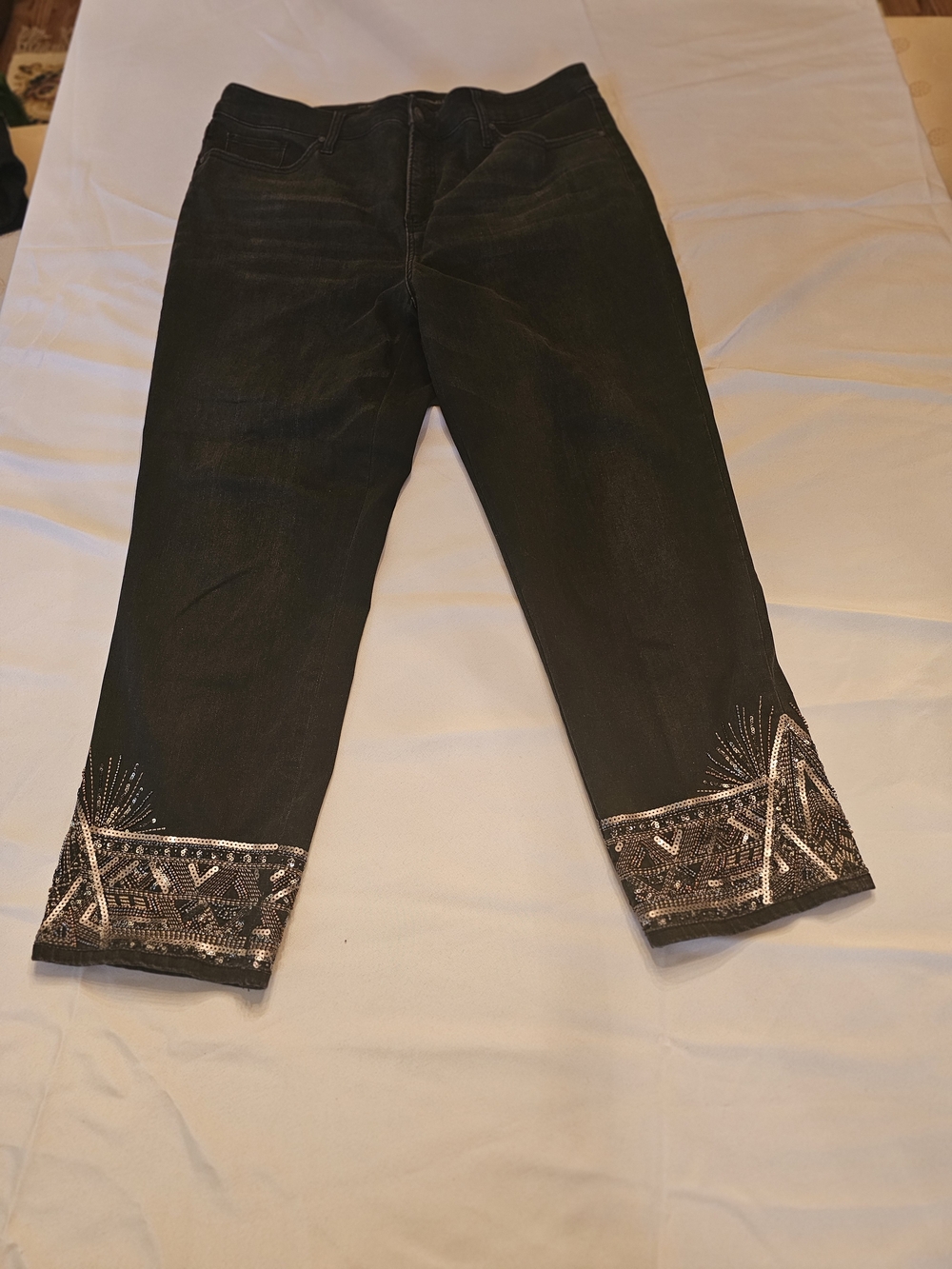 Black Embellished Sequin Denim Jeans Size 16/18 Straight Leg Statement Hem